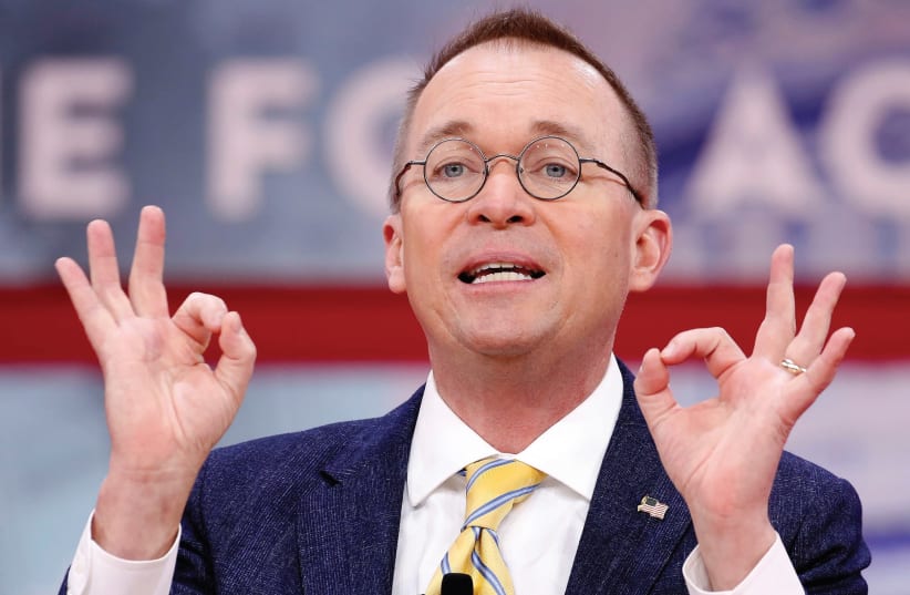 DIRECTOR OF THE Office of Management and Budget Mick Mulvaney speaks at the Conservative Political Action Conference (CPAC) in Maryland in February. (photo credit: JOSHUA ROBERTS / REUTERS)