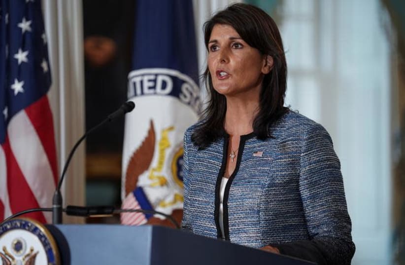 US Ambassador to the United Nations Nikki Haley delivers remarks to the press announcing the US's withdrawal from the UN's Human Rights Council at the Department of State in Washington, US, June 19, 2018 (photo credit: TOYA SARNO JORDAN / REUTERS)