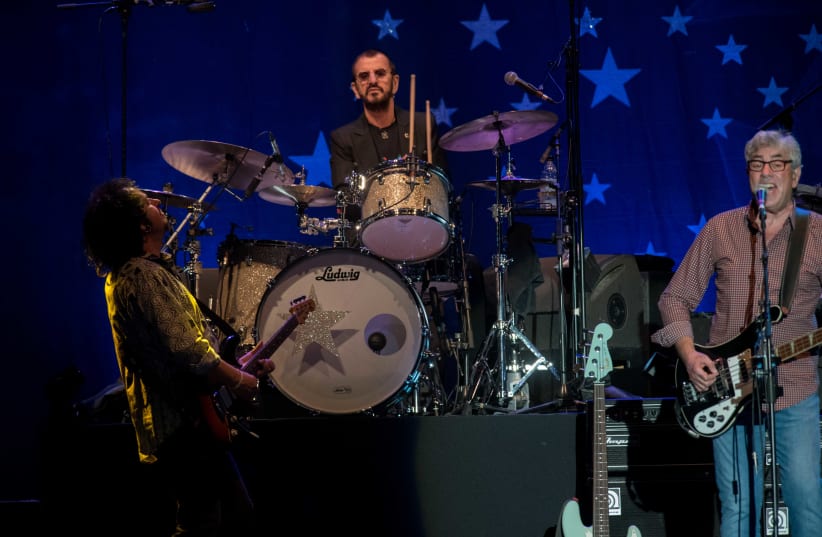 Ringo Starr performs in Tel Aviv with Steve Lukather (left) and Graham Gouldman. (photo credit: LIOR KETER)