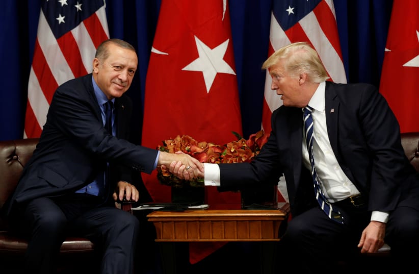 U.S. President Donald Trump meets with President Recep Tayyip Erdogan of Turkey during the U.N. General Assembly in New York, U.S. (photo credit: KEVIN LAMARQUE)