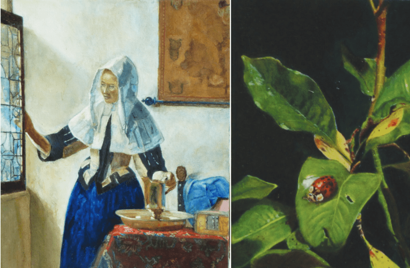 Right: Study of ‘Young Woman with a Pitcher’ originally painted by Dutch renaissance  artist Jan Vermeer. Left: Still life: ‘Leaves in the Shadows (photo credit: MOSHE L. KUSKIN)