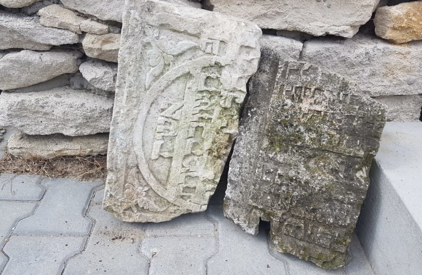 Jewish gravestone fragments found in a demolished cowshed in Klępie Górne, close to Kielce. (photo credit: BECKY BROTHMAN)