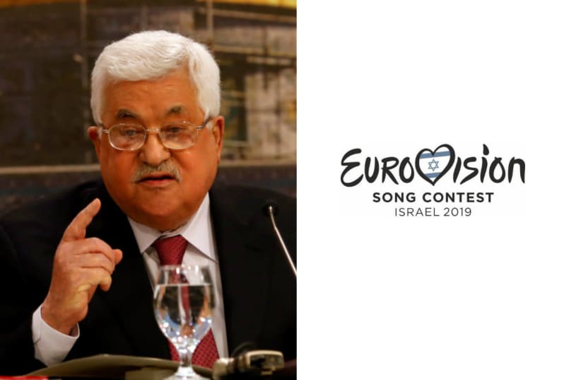 Mahmoud Abbas and the Eurovision Logo (photo credit: MOHAMAD TOROKMAN/REUTERS + COURTESY KAN)