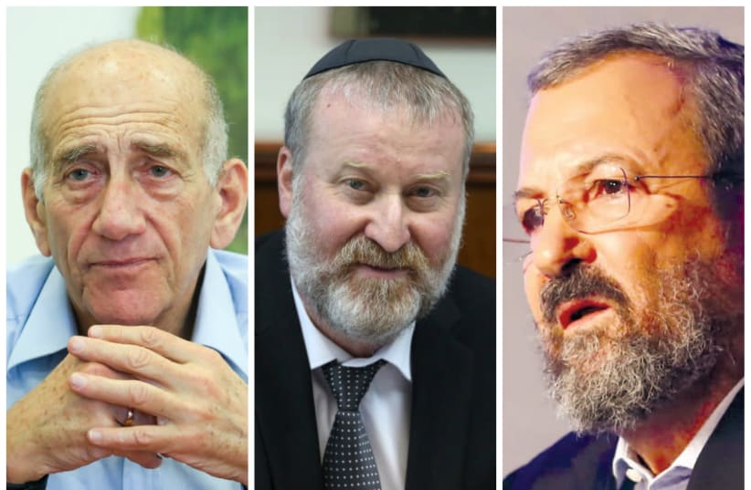 From Left to Right: Ehud Olmert, Avichai Mandelblit, Ehud Barak (photo credit: MARC ISRAEL SELLEM/WIKIMEDIA COMMONS)