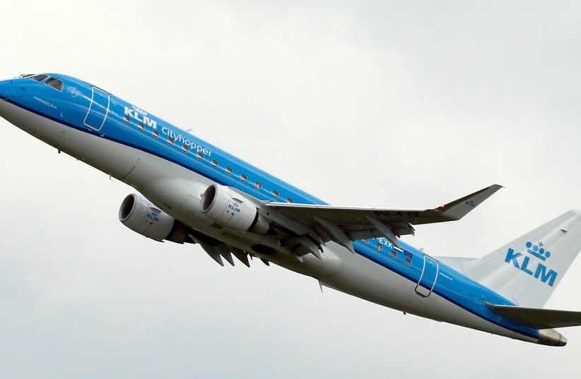 A KLM commercial passenger jet takes off in Colomiers near Toulouse, France, October 19, 2017 (photo credit: REUTERS/REGIS DUVIGNAU)