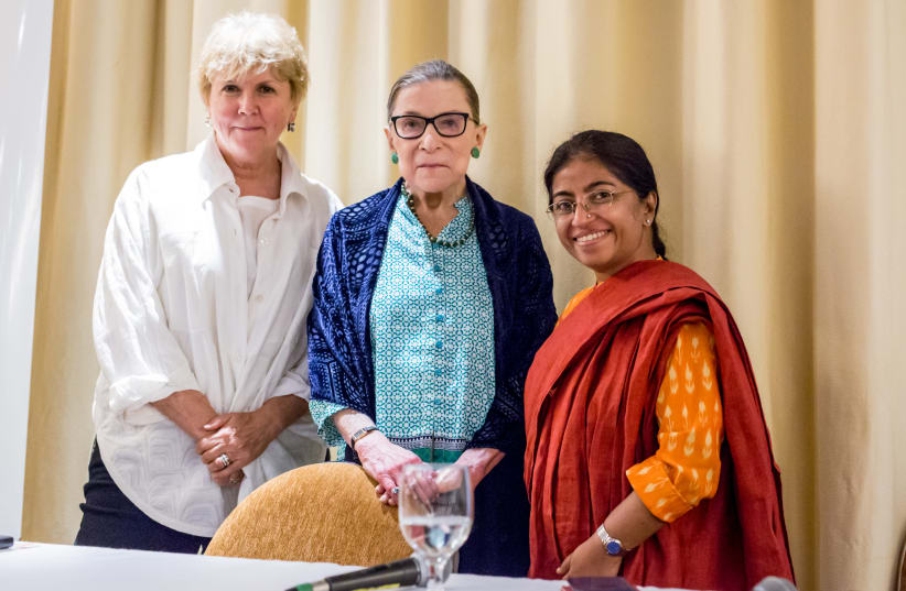 (LEFT TO right) Jane Holl Lute, president and CEO of SICPA North America; US Supreme Court Justice Ruth Bader Ginsburg, recipient of the first Genesis Prize Foundation Lifetime Achievement Award and Sunitha Krishnan, founder and director of Prajwala.  (photo credit: GENESIS PRIZE FOUNDATION)