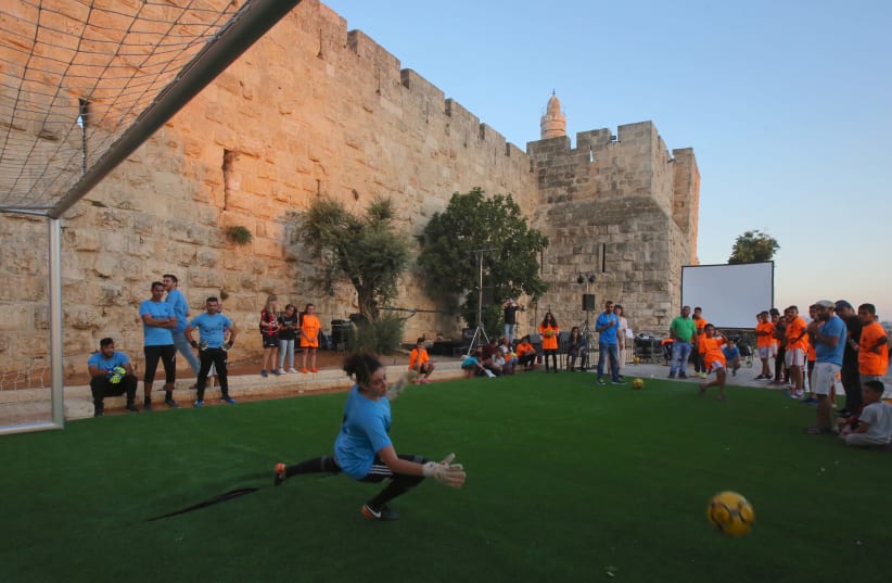 Celebrating the World Cup in the shadow of the Old City's Tower of David (photo credit: MARC ISRAEL SELLEM)