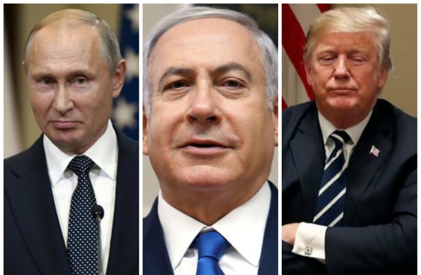 Russian President Vladimir Putin (L), Prime Minister Benjamin Netanyahu (C) and US President Donald Trump (R) (photo credit: REUTERS)