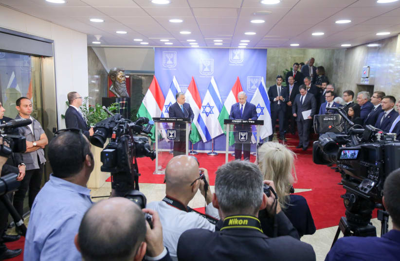 Prime Minister Benjamin Netanyahu meets with Hungary's controversial right-wing, anti-immigrant prime minister, Viktor Orban who is visiting Israel (photo credit: MARC ISRAEL SELLEM)