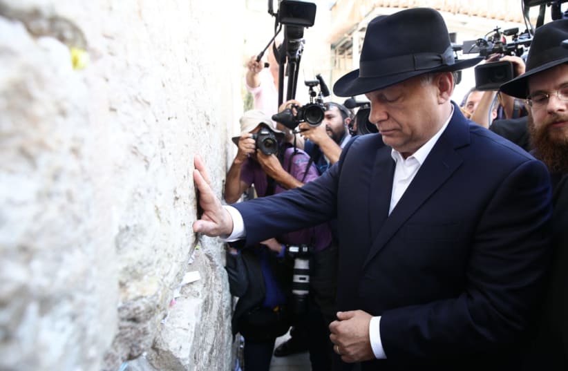 Hungarian Prime Minister Viktor Orban visits the Western Wall as part of his trip to Israel (photo credit: HILEL MEIR/TPS)
