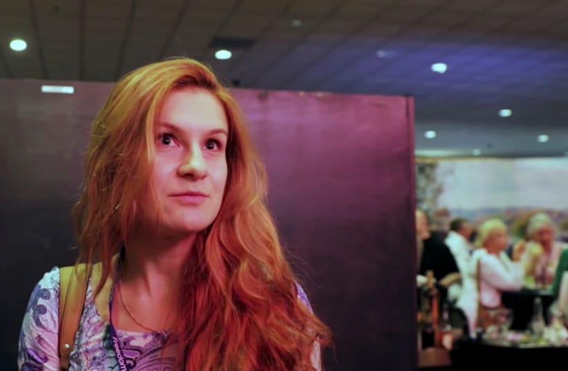 Accused Russian agent Maria Butina speaks to camera at 2015 FreedomFest conference in Las Vegas, Nevada, U.S., July 11, 2015 in this still image taken from a social media video obtained July 19, 2018 (photo credit: FREEDOMFEST/VIA REUTERS)