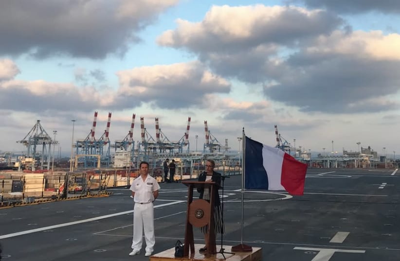 FRENCH AMBASSADOR Hélène Le Gal addresses the crowd on the ‘Dixmude’ warship (photo credit: SETH J. FRANTZMAN)