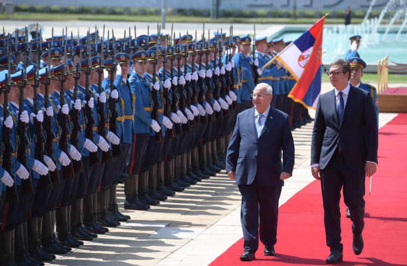Israel's President Reuven Rivlin and Serbia's President Alexander Vucic in Belgrade, July 26, 2018 (photo credit: AMOS BEN-GERSHOM/GPO)