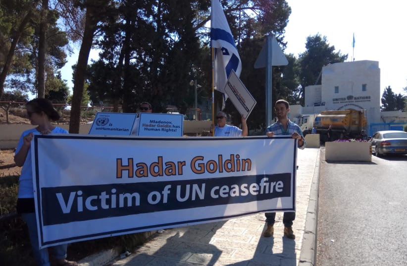 “Misdar Hadar” and the Goldin family protest the UN’s inaction on the return of Hadar Goldin's remains outside of the United Nations complex in Armon Hanetziv in Jerusalem (photo credit: ESTI DESIOVOV/TPS)