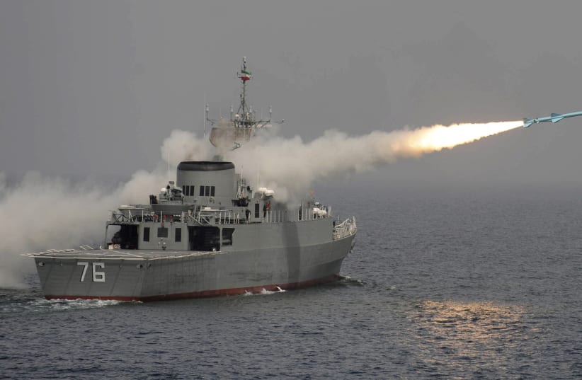 A Nour missile is test fired off Iran's first domestically made destroyer, Jamaran, on the southern shores of Iran in the Persian Gulf March 9, 2010 (photo credit: REUTERS/EBRAHIM NOROOZI/IIPA)