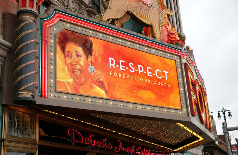 The marquee on the Fox Theater shows the word "Respect' in memory of singer Aretha Franklin in downtown Detroit, Michigan, U.S. August 16, 2018 (photo credit: REUTERS/REBECCA COOK)