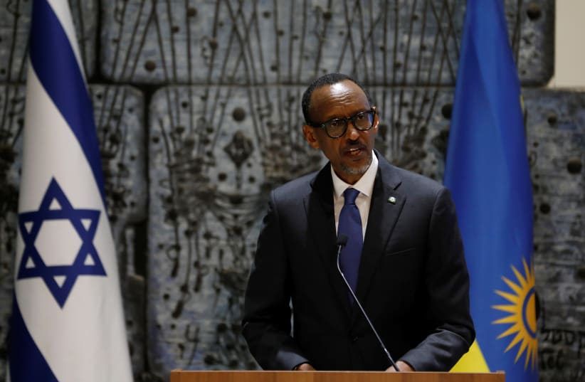President of Rwanda Paul Kagame speaks as he delivers a joint statement with Israeli President Reuven Rivlin and Israeli Prime Minister Benjamin Netanyahu during their meeting in Jerusalem July 10, 2017 (photo credit: REUTERS/Ronen Zvulun)