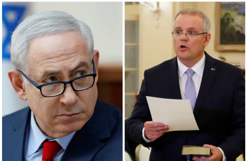 Benjamin Netanyahu (left) and Scott Morrison (right)  (photo credit: ABIR SULTAN/POOL/REUTERS AND DAVID GRAY/REUTERS)