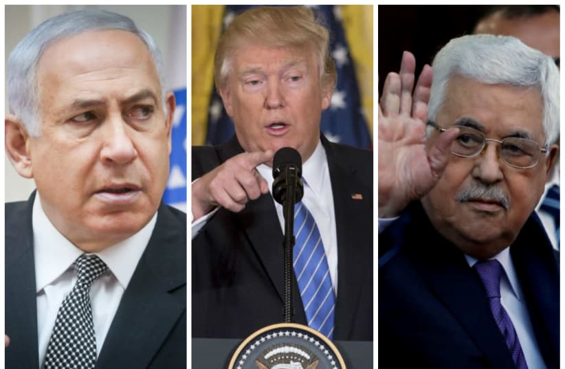 Benjamin Netanyahu (L), Donald Trump (C) and Mahmoud Abbas (R) (photo credit: REUTERS)