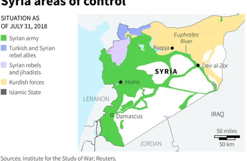 Syria areas of control - map (photo credit: REUTERS)