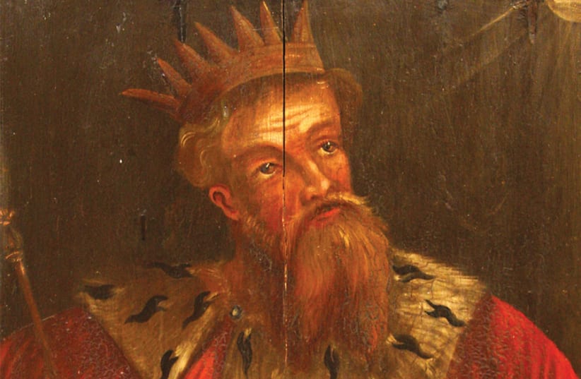 KING HEZEKIAH in a 17th century painting by unknown artist, in the choir of Sankta Maria Kyrka in Ahus, Sweden. (photo credit: Wikimedia Commons)