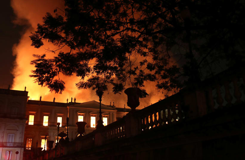 A fire burns at the National Museum of Brazil in Rio de Janeiro, Brazil September 2, 2018. (photo credit: REUTERS/RICARDO MORAES)