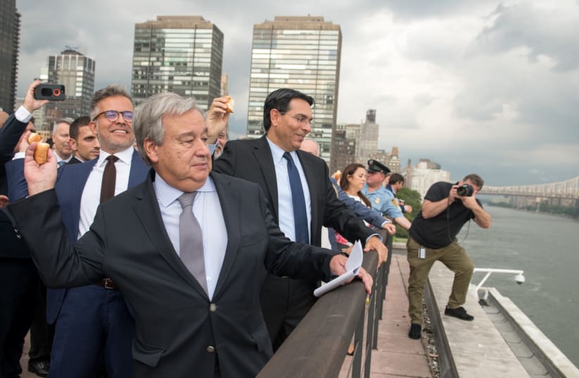 Secretary-General of the UN António Guterres [L] and Israel’s Permanent Representative to the UN Danny Danon [R] during the UN Tashlikh  (photo credit: NIR ARIELI)