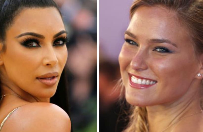 Kim Kardashian West (L) and Bar Refaeli (R). The pair will appear in an ad campaign in March 2019. (photo credit: EDUARDO MUNOZ/REUTERS & LUKE MACGREGOR/REUTERS)