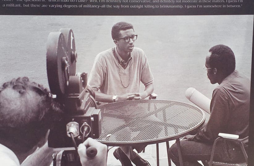 A John Zimmerman phoograph of Arthur Ashe on display at the US Open (photo credit: Courtesy)