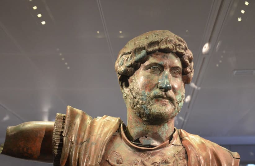 STATUE OF the Emperor Hadrian unearthed at Tel Shalem, commemorating the Roman military victory over Bar Kochba, displayed at the Israel Museum (photo credit: Wikimedia Commons)
