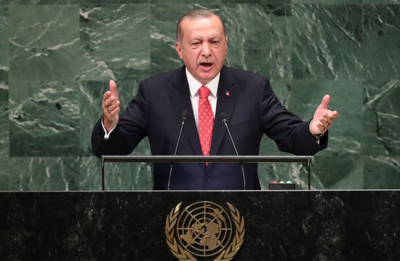 Turkey's President Recep Tayyip Erdogan addresses the 73rd session of the United Nations General Assembly at U.N. headquarters in New York, US, September 25, 2018 (photo credit: CARLO ALLEGRI/REUTERS)