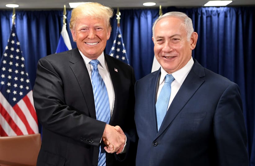 Benjamin Netanyahu and Donald Trump speaking at the U.N. Security Council, Spetember 26th, 2018 (photo credit: GPO PHOTO DEPARTMENT)