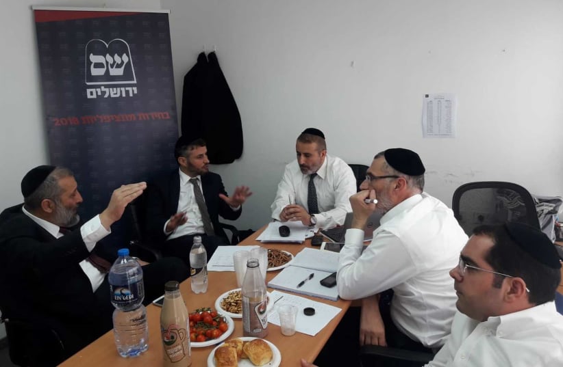 Shas leader Arye Deri convenes Shas members of the Jerusalem city council.  (photo credit: Courtesy)