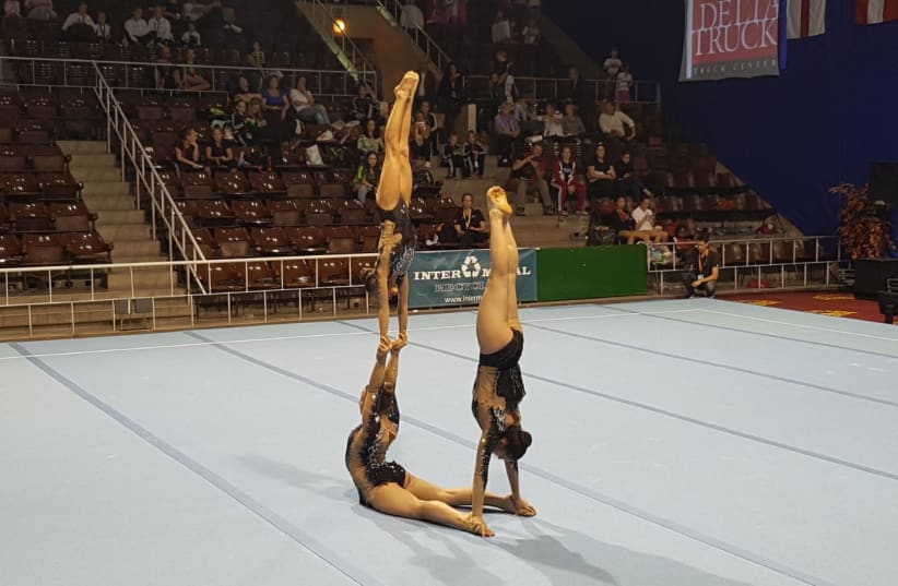 The winning exercise of the Israeli acrobatic trio that won in the Budapest Acro Cup, 2018 (photo credit: PUBLIC RELATIONS GAL COMMUNICATIONS)