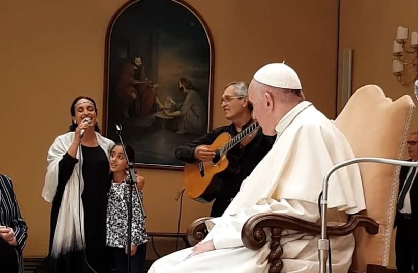 Achinoam Nini and her daughter, Yum, perform for the Pope last weekend. (photo credit: Courtesy)