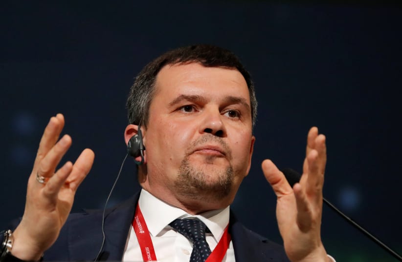 Maxim Akimov, Russian Deputy Prime Minister responsible for transport and communications, speaks during a session of the St. Petersburg International Economic Forum (SPIEF), Russia May 24, 2018 (photo credit: SERGEI KARPUKHIN/REUTERS)