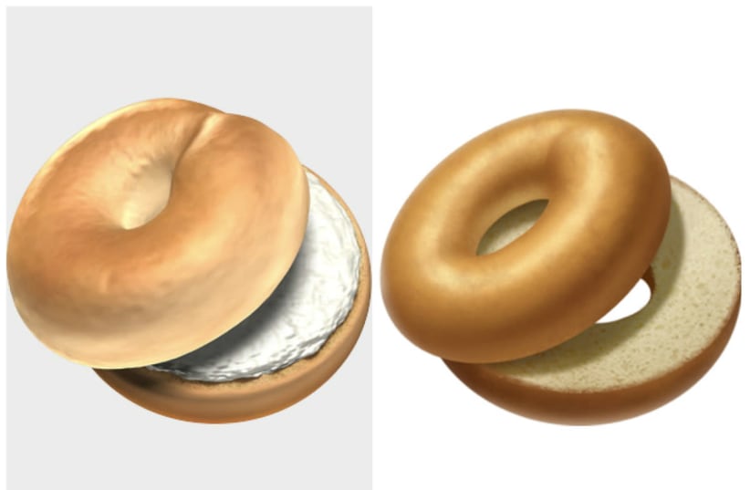Apple's new (L) and old (R) bagel emojis, the former of which was released October, 2018 (photo credit: APPLE)