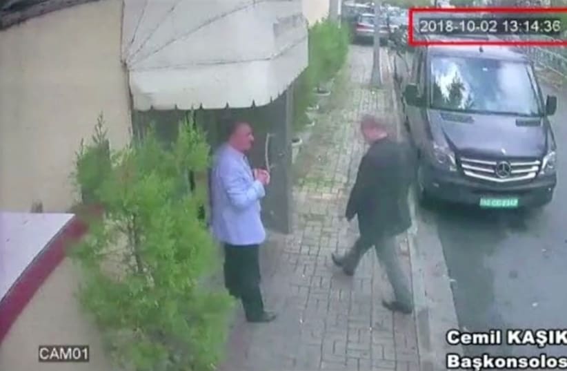 A still image taken from CCTV video and obtained by TRT World claims to show Saudi journalist Jamal Khashoggi as he arrives at Saudi Arabia's consulate in Istanbul, Turkey Oct. 2, 2018 (photo credit: REUTERS)