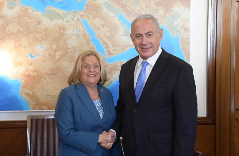 Prime Minister Benjamin Netanyahu meets Congresswoman Ileana Ros Lehtinen, October 22, 2018 (photo credit: AMOS BEN-GERSHOM/GPO)