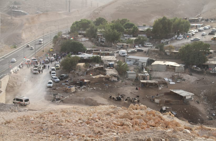 Arial view of Khan al-Ahmar and Route 1 (photo credit: TOVAH LAZAROFF)