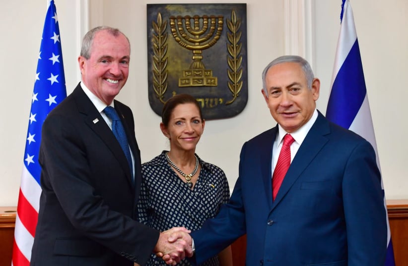 Prime Minister Benjamin Netanyahu and New Jersey Governor Philip Dunton Murphy, October 23, 2018 (photo credit: KOBI GIDEON/GPO)