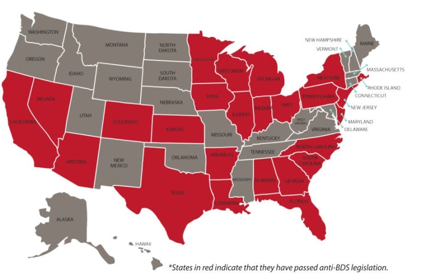 US states with anti-BDS legislation (photo credit: Courtesy)