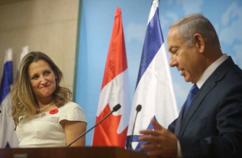 Prime Minister Benjamin Netanyahu and Canada Foriegn Minister Chrystia Freeland (photo credit: MARC ISRAEL SELLEM)