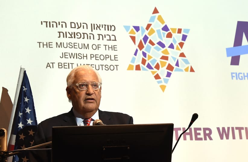 U.S. Ambassador to Israel David Friedman speaks at a memorial event hosted by the Anti-Defamation League paying homage to the victims of the shooting at the Tree of Life synagogue in Pittsburgh, this evening [October 31] in Tel Aviv. (photo credit: MATTY STERN/US EMBASSY TEL AVIV)