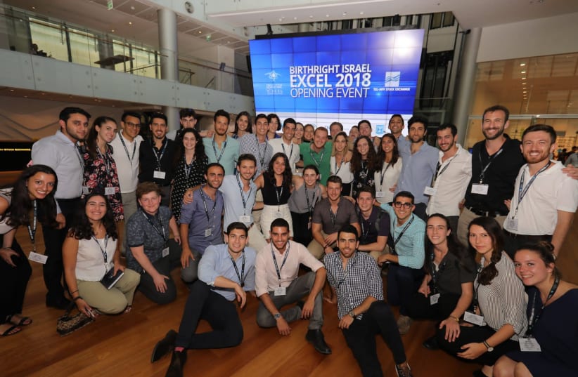 Participants at this Birthright Excel 2018 opening event at the Tel Aviv Stock Exchange (photo credit: AVISHAI FINKELSTEIN)