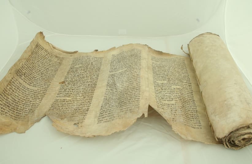 The Torah scroll found in a wooden shack in the Lodz Ghetto.  (photo credit: SHEM OLAM)