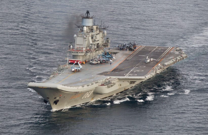 Russian aircraft carrier Admiral Kuznetsov in international waters off the coast of Northern Norway on October 17, 2016 (photo credit: REUTERS)