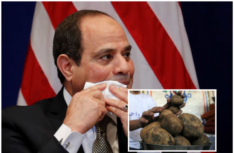 Egyptian President Abdel Fatah al-Sisi (R), juxtaposed with potatoes at a temporary tent with government subsidised goods, after consumer prices increase across the country, in Cairo, Egypt October 28, 2018 (photo credit: REUTERS/CARLOS BARRIA & REUTERS/MOHAMED ABD EL GHANY)