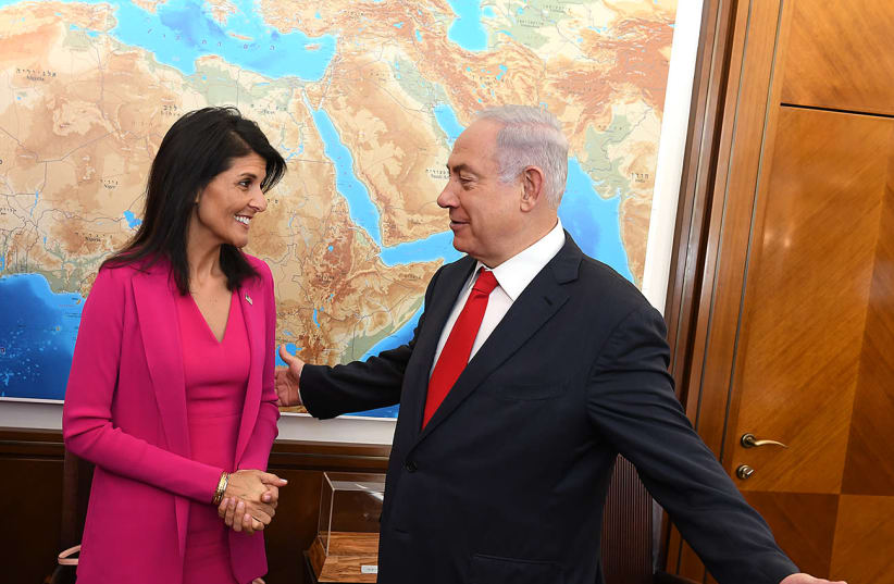 U.S. Permanent Representative to the UN, Ambassador Nikki Haley meets Israeli Prime Minister Benjamin Netanyahu at his office in Jerusalem, June 7, 2017 (photo credit: U.S. EMBASSY JERUSALEM)