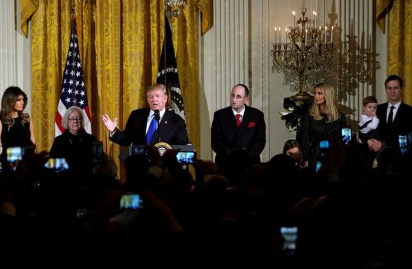 U.S. President Donald Trump hosts a Hanukkah Reception at the White House in Washington, U.S., December 7, 2017 (photo credit: KEVIN LAMARQUE/REUTERS)
